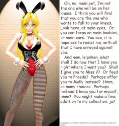 blonde_hair breasts bunny_ears bunny_girl bunnysuit caption caption_only cuffs deathwish_(manipper) fake_animal_ears female_only femdom fishnets german_text large_breasts long_hair manip solo text turning_the_tables
