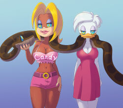 blonde_hair breasts candy_kong cleavage daisy_duck disney donkey_kong_(series) duck_girl femsub furry happy_trance hypnotic_eyes kaa kaa_eyes large_breasts maledom midriff monkey_girl nintendo quack_pack short_hair snake the_jungle_book tongue tongue_out white_hair zelamir