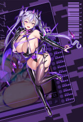  barcode blush boots breasts bridal_gauntlets cleavage corruption femsub genderswap hair_ornament huge_breasts kaoru_natsume latex leotard lipstick long_hair long_nails looking_at_viewer magical_girl nail_polish purple_eyes purple_hair satou_kuuki smile sword symbol_in_eyes tattoo thick_thighs thighhighs transgender twintails vanishing_reality weapon wide_hips wings 
