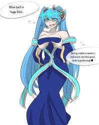 aura bare_shoulders blue_hair breast_fondling breast_grab breasts cleavage control_indicator corruption crown dialogue dress english_text femsub green_eyes happy_trance heart holding_breasts large_breasts league_of_legends long_hair maledom open_mouth possession ruination smile sona_(league_of_legends) standing text thought_bubble twintails vel viego_(league_of_legends) white_background