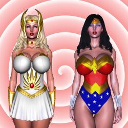 3d black_hair blonde_hair breasts dc_comics expressionless female_only femsub hypnoman large_breasts leotard multiple_girls multiple_subs she-ra spiral spiral_background standing standing_at_attention wonder_woman 