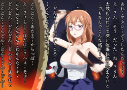  breasts brown_eyes brown_hair drool empty_eyes femsub glasses humiliation large_breasts na_shacho text translated 
