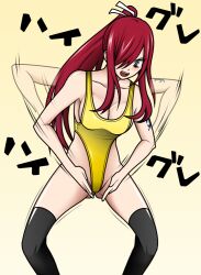  breasts cleavage erza_scarlet fairy_tail female_only femsub haigure hair_covering_one_eye large_breasts leotard long_hair ponytail red_hair solo tattoo text thighhighs z 