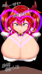 blue_eyes breasts cham22 cleavage empty_eyes femsub hair_ornament heart huge_breasts last_origin may_of_doom open_mouth red_hair surprised tech_control text translation_request twintails uniform