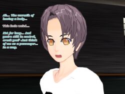 3d brown_hair flamekin ghost_girl possession shirt short_hair text unusual_pupils yellow_eyes