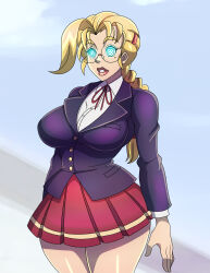  absurdres bare_legs blonde_hair blue_eyes braid breasts clothed expressionless female_only femsub glasses glowing glowing_eyes kenichi_the_mightiest_disciple large_breasts long_hair miu_furinji mole open_mouth ponytail ribbon school_uniform shirt short_skirt simple_background skirt solo spiralwash_eyes standing standing_at_attention zorro-zero 