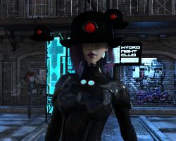  3d bodysuit character_request disney dor_15 earrings expressionless female_only femsub gantz hat hypnovideotoo latex lipstick makeup meet_the_robinsons purple_hair purple_lipstick rubber short_hair solo tech_control 