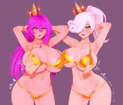  arms_above_head bikini breasts crown drool ereme_(bobbette) female_only femsub gold golden_swimsuit groping koikatsu! large_breasts masturbation mistress_velai_(darknessneon/penken) original phantom_hand pink_hair presenting spiral_eyes thehguy white_hair 