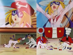  ai_kaminari blonde_hair blue_eyes cat_girl clothed dog_boy dog_pose eye_mask femsub gan_takada gloves hat hypno_beam malesub official open_mouth outdoors pet_play robot screenshot sequence tagme yatterman yatterman-1 yatterman-2 