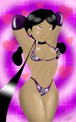 absurdres arms_above_head arms_behind_back bikini black_hair breasts collar dark_skin female_only femsub gloves leash long_hair looking_at_viewer lorddandan midriff opera_gloves penny_proud pov pov_dom solo the_proud_family twintails