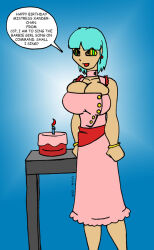 blue_hair breasts cake crazycowproductions female_only femsub food happy_trance kaa_eyes large_breasts solo standing standing_at_attention text