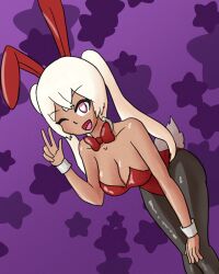  bunny_ears bunny_girl bunnysuit charm_(spell) cygames dark_skin female_only femsub happy_trance heart_eyes leaning_forward looking_at_viewer marianne_(world_flipper) mythkaz one_eye_open platinum_blonde_hair smile symbol_in_eyes tail wink world_flipper 