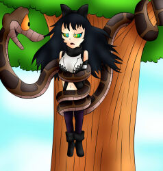 bare_shoulders black_hair blake_belladonna bondage boots bow cat_girl clothed coils dazed disney femsub hair_ribbon heavy_eyelids jerrydestrtoyer jungle kaa kaa_eyes long_hair maledom navel open_mouth rwby snake the_jungle_book