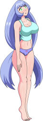  bangs bare_legs barefoot blue_hair breasts cameltoe cleavage clothed collarbone dlobo777 expressionless feet female_only femsub glowing_eyes green_eyes huge_breasts large_breasts midriff my_hero_academia nejire_hado open_mouth panties simple_background solo standing standing_at_attention tank_top tiptoes underwear very_long_hair white_background 