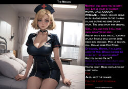  ai_art bare_legs bed blonde_hair breasts brown_eyes caption choker cleavage cleavage_cutout collar collarbone dialogue female_only femsub gregory_michelson_(generator) hat humor large_breasts manip nurse short_hair sitting solo text 