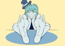  absurdres androgynous barefoot blue_hair blue_skin cheeks evil_smile fake_type feet femdom foot_focus hat hypnotic_eyes meigonzales769 princess_ham ring_eyes simple_background smile solo 