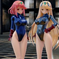 3d blonde_hair blush breasts capcom empty_eyes expressionless female_only femsub fingerless_gloves gloves hair_ornament large_breasts leotard long_hair looking_at_viewer mmd multiple_girls multiple_subs mythra_(xenoblade) nintendo pyra_(xenoblade) red_eyes red_hair rubber ryona.rar shadaloo_dolls standing street_fighter tie very_long_hair xenoblade_chronicles xenoblade_chronicles_2 yellow_eyes