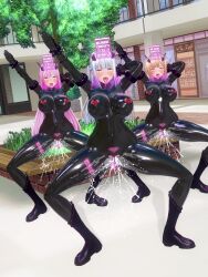  3d alternate_costume alternate_hair_color arms_above_head bangs barcode before_and_after blonde_hair blue_savior_(dfish303) blush bodysuit boots braid breath collar control_indicator crotch_tattoo cuffs custom_maid_3d_2 dfish303 drool empty_eyes eye_roll gloves large_breasts latex long_hair multiple_girls multiple_subs navel nipple_cutout nipple_piercing open_mouth original outdoors pheromones piercing pink_eyes pink_savior_(dfish303) progress_indicator pussy_juice rubber saluting shrunken_irises spread_legs squatting squirting straight-cut_bangs tech_control tight_clothing tongue tongue_out vaginal very_long_hair vibrator white_hair 