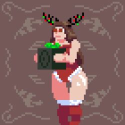 animated animated_gif antlers brown_eyes brown_hair christmas dazed gift hypnotic_gas kilprel leotard pixel_art spiral_eyes tagme wide_hips wyssal_(personagirlincolor)