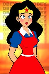  alternate_costume black_hair blue_eyes blush crown dc_comics english_text expressionless eyelashes eyeshadow female_only femsub housewife hypnotic_accessory light_skin lipstick looking_at_viewer red_lipstick solo stepfordization super_hero tech_control text thestepfordfiles western wonder_woman 