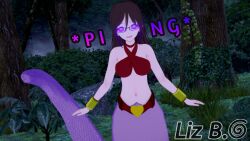  3d altrix_(altrixwrites) belt bracelet brown_hair female_only femdom forest glasses glowing_eyes hypnotic_eyes koikatsu! liz_b looking_at_viewer midriff naga_girl night original pov_sub ring_eyes snake_girl tail text watermark 