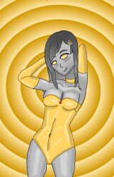  aurora_(cosmicaurora) cosmicaurora femsub gold leotard spiral_background spiral_eyes 