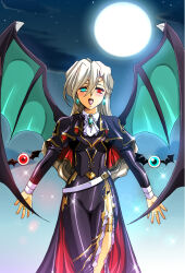 alternate_costume blue_eyes blush breasts clothed corruption earrings empty_eyes eye_color_change femsub floating heterochromia hisho jewelry langrisser liffany_(langrisser_iii) looking_at_viewer night open_mouth red_eyes ring sparkle thighs very_long_hair white_hair wings