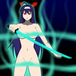 blue_hair bottomless breasts censored expressionless female_only femsub fire_emblem fire_emblem_path_of_radiance fire_emblem_radiant_dawn glowing glowing_eyes headband large_breasts looking_at_viewer mia_(fire_emblem) navel nintendo nude possession red_eyes sendy1992 simple_background solo standing topless very_long_hair weapon