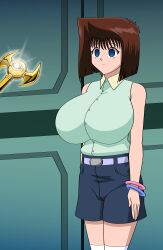 absurdres blue_eyes brown_hair empty_eyes expressionless female_only femsub huge_breasts jimryu millennium_rod short_hair shorts simple_background solo standing standing_at_attention tea_gardner yu-gi-oh!
