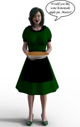3d apron dialogue dress female_only femsub green_eyes green_hair happy_trance high_heels housewife kathy_(theheckle) original solo spiral_eyes stepfordization symbol_in_eyes text theheckle