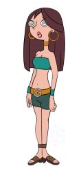 belt breasts brown_hair cleavage dazed disney earrings female_only femsub jewelry katsiika open_mouth original phineas_and_ferb solo spiral_eyes symbol_in_eyes tongue western
