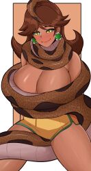  bare_legs bare_shoulders blush border brown_hair coils disney earrings edmun6969 femsub hanging_down happy_trance jewelry kaa kaa_eyes large_breasts legs long_hair nintendo orange_background princess_daisy restrained short_shorts simple_background sitting smile snake sports_briefs super_mario_bros. tan_skin the_jungle_book 