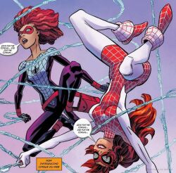  anna-may_parker female_only femsub marvel_comics mary_jane_watson ravenhypno_(manipper) red_hair spider-man_(series) spiderling spinneret spiral_eyes super_hero symbol_in_eyes text 