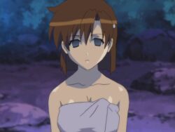  bare_shoulders blue_eyes body_control breasts brown_hair cleavage expressionless female_only girls_bravo kirie_kojima large_breasts nude possession screenshot shiny_skin short_hair towel 