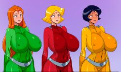  alex black_hair blonde_hair bodysuit breasts clover erect_nipples_under_clothes female_only femsub heart huge_breasts microchip multiple_girls multiple_subs open_mouth orange_hair sam shinzu short_hair spiral_eyes standing standing_at_attention symbol_in_eyes tech_control totally_spies 