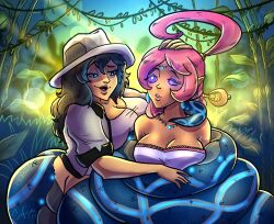  bare_shoulders black_hair blue_eyes breasts cleavage coils dark_skin elf_ears female_only femdom femsub genie glowing_eyes hand_on_head hat kaa_eyes long_hair mikaela_(bellmothegreat) naga_girl original pink_hair restrained safiyacoils shahra sonic_the_hedgehog_(series) story tagme 