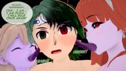 3d alm_(fire_emblem) alternate_color_scheme black_sclera blonde_hair blush celica_(fire_emblem) corruption dialogue duma_(fire_emblem) enemy_conversion english_text faye_(fire_emblem) femdom femsub fire_emblem fire_emblem_echoes genny_(fire_emblem) green_eyes green_hair heterochromia hypnotized_assistant hypnotized_hypnotist licking long_tongue mae_(fire_emblem) maledom malesub nintendo nude orange_hair possession red_eyes silque_(fire_emblem) speech_bubble tagme takumisrealmtf text tongue tongue_out