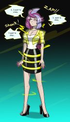  absurdres cleavage clothed collarbone electricity emma_bessho english_text female_only femsub high_heels hy2300 instant_loss jacket long_hair multicolored_hair nail_polish simple_background solo speech_bubble spiral_eyes standing text yu-gi-oh! 
