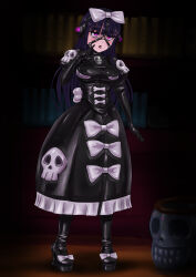  black_hair blush bondage bow breasts corset dress empty_eyes erect_nipples erect_nipples_under_clothes eye_roll femsub gloves glowing_eyes harness headphones latex long_hair mole pink_eyes rubber skull standing straight-cut_bangs tech_control tongue tongue_out tsumadzu 