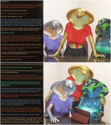  3d becca_(thalarynth) caption del_(thalarynth) dialogue dueling_hypnotists femdom femsub furry kathy_(thalarynth) laptop multiple_doms original pov pov_dom scalie table text thalarynth_(manipper) 