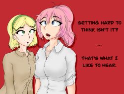 blonde_hair blue_eyes breasts bzurrrf_(colorist) crystal_(zko) dazed dress_shirt drool empty_eyes expressionless female_only femsub green_eyes katie_(zko) large_breasts long_hair multiple_girls open_mouth original pink_hair ponytail short_hair text tongue zko