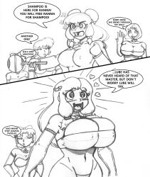  absurdres akane_tendo altered_perception bow breasts collar comic corruption corset crazycowproductions dialogue earrings femsub gloves happy_trance huge_breasts jewelry large_breasts maledom monochrome multiple_girls multiple_subs nabiki_tendo opera_gloves ranma_1/2 ranma_saotome shampoo_(ranma_1/2) short_hair simple_background smile text thighhighs topless tube_top white_background 