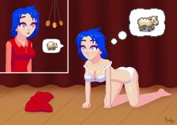  all_fours blue_hair bra breasts cleavage emily_(stardew_valley) empty_eyes expressionless eyelashes female_only femsub hypno_apophis open_mouth panties pendulum pet_play pink_eyes short_hair signature speech_bubble spiral_eyes stage_hypnosis stardew_valley thought_bubble underwear 