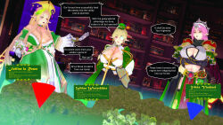 aware blonde_hair cleavage clothed dialogue elf elf_ears english_text female_only large_breasts long_hair milf monocle multiple_girls original pengi13 pink_hair text yellow_eyes