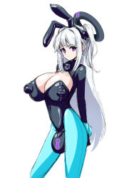 blue_archive bulge bunny_ears bunny_girl bunnysuit cleavage cuffs empty_eyes fake_animal_ears futanari futasub gloves halo headdress huge_breasts kuromaru leggings leotard looking_at_viewer m.u.g.e.n. miyako_(blue_archive) null_bulge pad_lock purple_eyes rubber simple_background standing twintails very_long_hair wabuki_(ochirugan) white_background white_hair