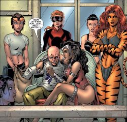  anya_corazon black_hair brown_hair cassandra_lang comic costume dialogue femsub long_hair maledom marvel_comics mask multiple_girls multiple_subs official puppet_master short_hair silverclaw spider-girl standing standing_at_attention stature super_hero text tigra whitewash_eyes 