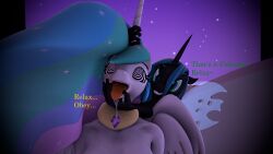 114_(artist) 3d drool female_only femdom femsub furry horns horse_girl long_hair multicolored_hair my_little_pony open_mouth original princess_celestia queen_chrysalis source_filmmaker spiral_eyes symbol_in_eyes text tongue tongue_out wings