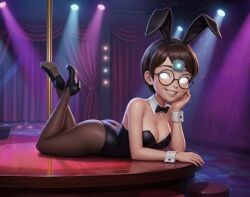  ai_art black_hair bunny_ears bunny_girl bunnysuit carmen_sandiego clothed crossed_legs cuffs fake_animal_ears female_only femsub glasses glowing glowing_eyes julia_argent_(carmen_sandiego) legs leotard looking_at_viewer lying pantyhose posing short_hair solo stage white_eyes zupern0va_(manipper) 
