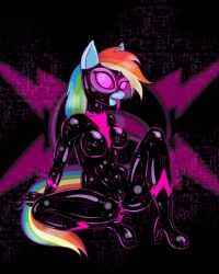 bodysuit corruption erect_nipples femsub furry horse_girl latexity multicolored_hair my_little_pony open_mouth pussy pussy_juice rainbow_dash rainbow_hair robotization tongue tongue_out unusual_cum western