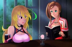  absurdres ahoge book breasts driselle_k._sharil drool empty_eyes femdom femsub green_eyes large_breasts milla_maxwell mulberrydreamer multicolored_hair necklace tales_of_(series) tales_of_xillia tales_of_xillia_2 